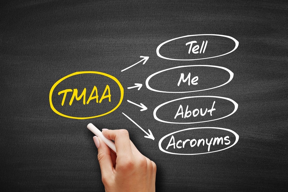 Chalkboard with diagram of TMAA: Tell Me About Acronyms