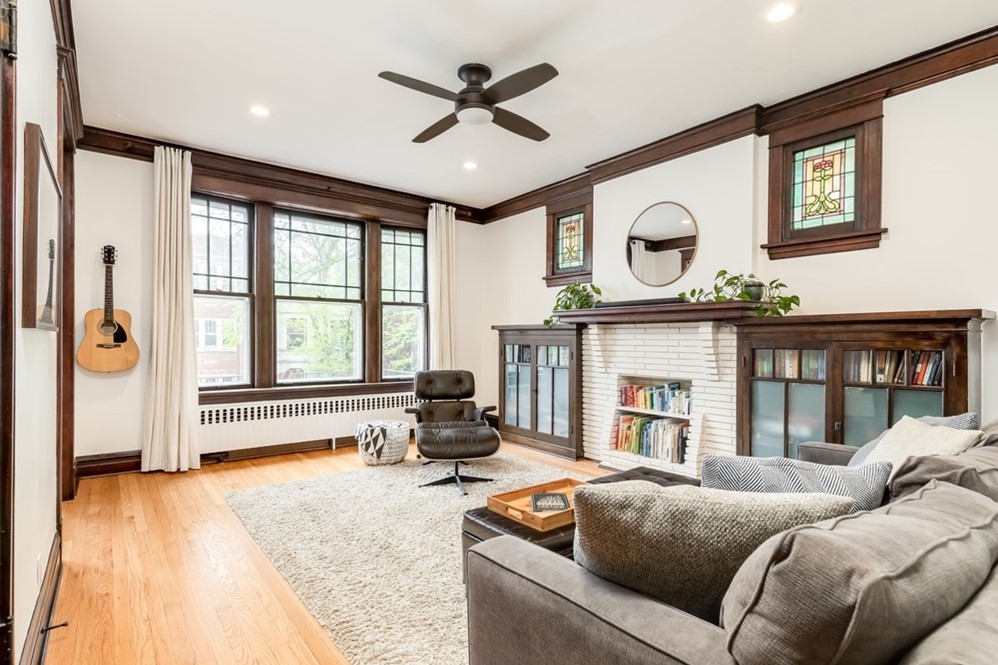 Living room with ceiling fan.